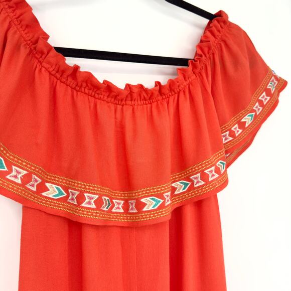 THML Orange Aztec-Inspired Embroidered Off Shoulder Ruffle Mini Dress Sz Medium - Picture 8 of 13
